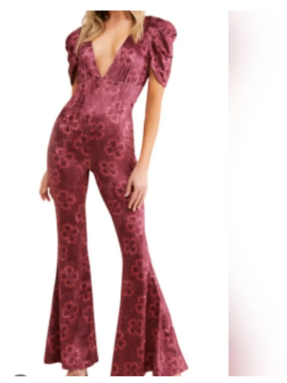 Free People Rosaline Velvet Plunge Flare Jumpsuit XS Berry Floral Fairycore 70s